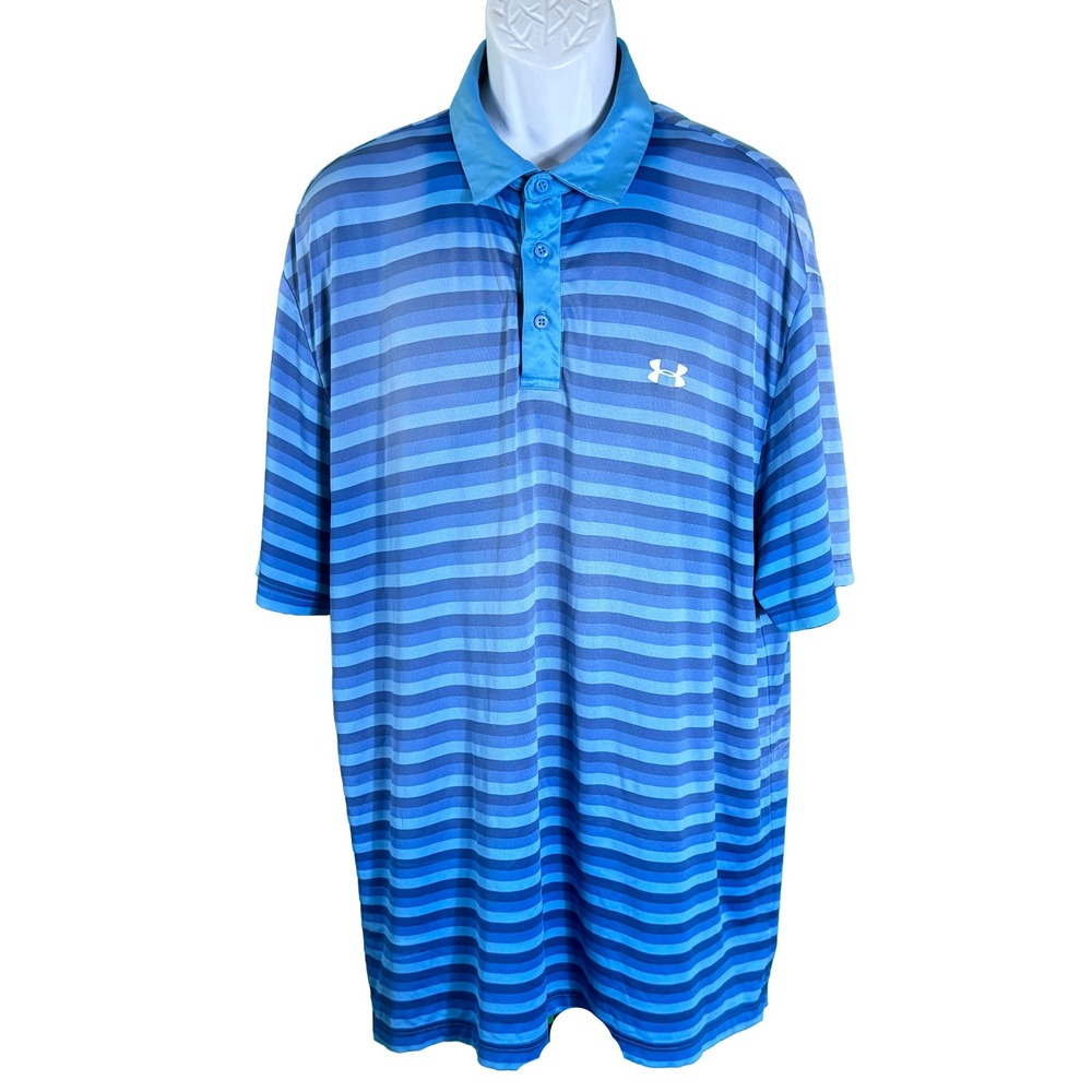 Under Armour Polo Shirt Mens 2XL Blue Striped HeatGear Loose Fit Short Sleeve